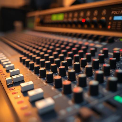 Close-up view of a professional mixing console with numerous knobs and faders