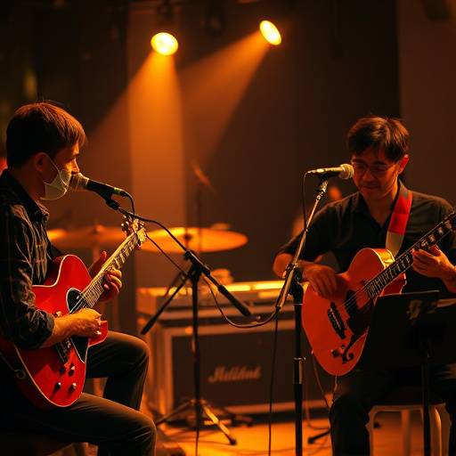 Image of a recording session in progress with musicians playing instruments
