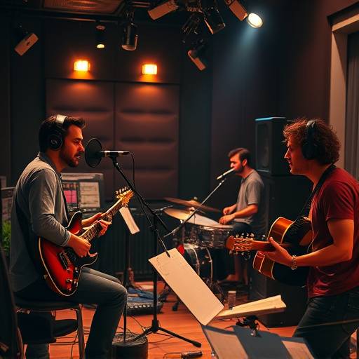 Image of a recording session in progress with musicians playing instruments