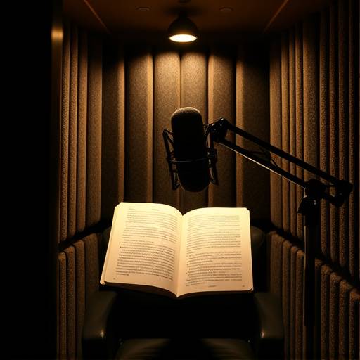Interior view of a soundproof voice-over booth with a microphone and script