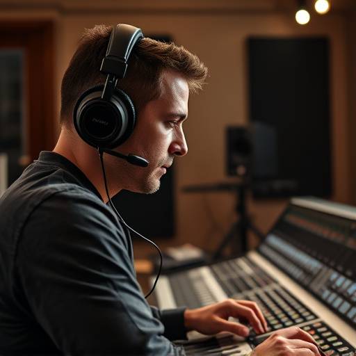 Mastering engineer working at a mastering console, wearing headphones