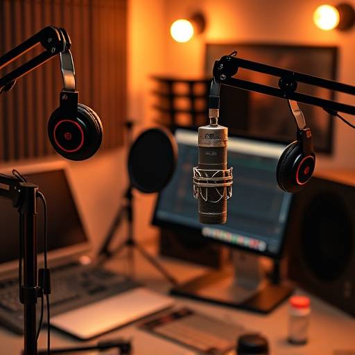 Podcast studio setup with microphones, headphones, and recording equipment
